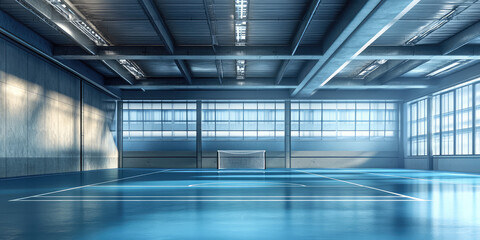 Empty interior of indoor sports football court. Background of football room with copy space