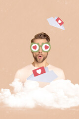 Wall Mural - Composite collage image of clouds paper plane heart icon eyes shocked man social media smm manager template metaphor psychedelic