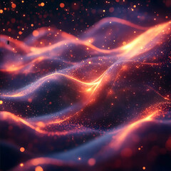 A mesmerizing abstract digital wave made of countless tiny glowing red and purple particles floating against a deep dark background The particles form a fluid flowing
