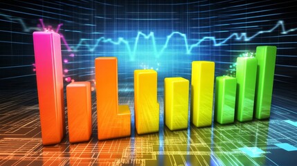 Leinwandbilder - Colorful 3D Bar Graph Over Digital Background with Data Elements