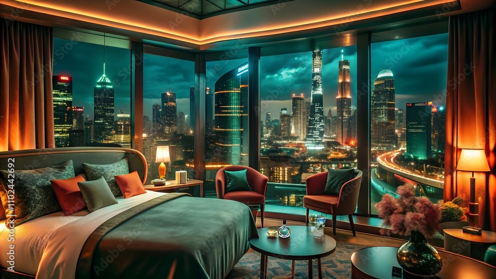 Luxurious Hotel Room with Panoramic City Skyline at Night, Perfect for ...
