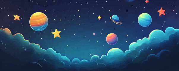 Wall Mural - Dreamy celestial. Whimsical stars, colorful nebulae, imaginative planets, and serene night skies, creating a dreamy and ethereal space scene, vector illustration, flat style.