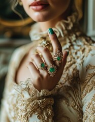 Wall Mural - a woman waves her hand wearing precious rings with green stones