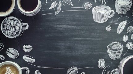 Sticker - Overhead shot of coffee cups and beans arranged on a chalkboard background with space for text.