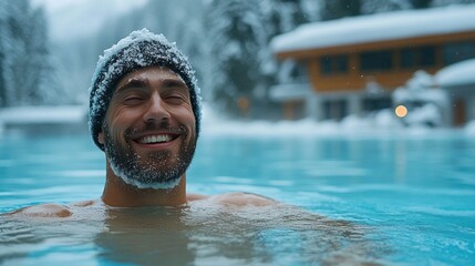 man with a joyful expression swims in a clear pool surrounded by snow-covered trees and mountains. cozy resort building is visible in the background, creating a perfect winter setting