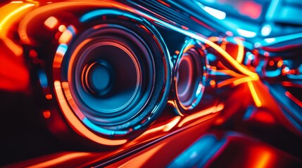 Aufkleber - Abstract Close-Up of Car Audio System with Neon Lighting Effects