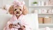 © Lazylizard - Adorable baby red poodle enjoying spa day in pink robe while reading dog magazine on white sofa in serene setting
