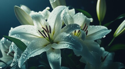 Aufkleber - Close-Up of White Lilies with Water Drops on Petals in Soft Light