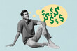 © deagreez - Composite sketch image design trend artwork collage of trade savings income investment currency young guy sit down mind cloud dream think