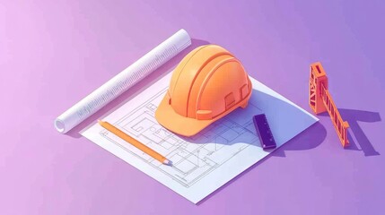 Isometric engineering concept with blueprints, hard hat, ruler, and drafting tools.
