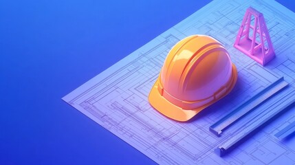 Isometric engineering concept with blueprints, hard hat, ruler, and drafting tools.
