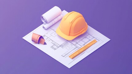 Isometric engineering concept with blueprints, hard hat, ruler, and drafting tools.
