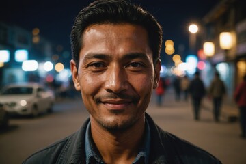 Close portrait of a smiling 40s Nepalese man looking at the camera, Nepalese city outdoors at night blurred background