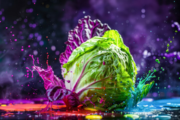Wall Mural - purple cabbage is surrounded by green leaves. the cabbage is painted with bright colors, giving it a
