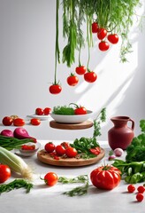 Wall Mural - floating culinary ingredients minimalist table bright background highlighting their colors textures, fruits, vegetables, herbs, spices, dishes