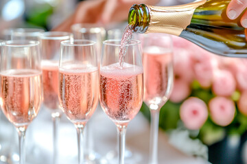 Close-up of a professional mixologist pouring a pink cocktail into a champagne glass at a wedding party in a hotel restaurant.