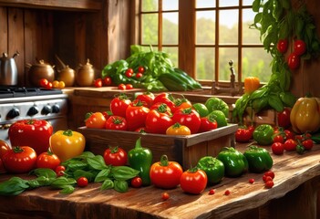 Wall Mural - vibrant display fresh produce artistically arranged rustic wooden table exuding natural beauty freshness, artisanal, arrangement, appetizing, basket