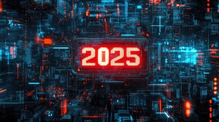 2025 number on digital cyberspace background. New Year and Christmas greeting card with abstract technological texture