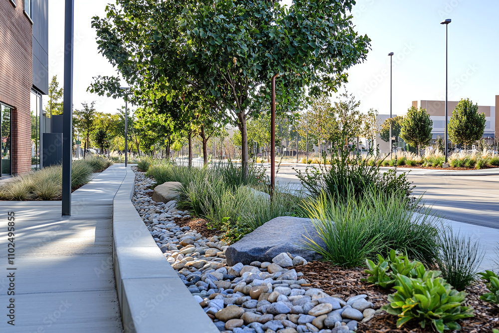 A modern urban streetscape featuring rain gardens and bioswales along ...