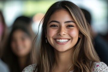 Portrait of smiling young latina hispanic female college student with peers, university students.