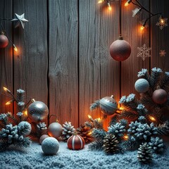 Wall Mural - Festive winter scene with Christmas decorations on a wooden background, decorations, decoration