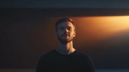 Portrait of a young man with light beard in a modern office, neutral expression, natural daylight