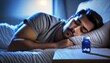 © Igor_Tichonow - A man peacefully asleep with a bottle of sleeping pills on a bedside table, with soft, cool lighting highlighting the scene