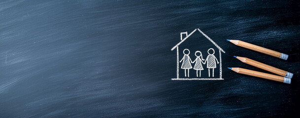 Warm indoor scene of a hand sketching a house and family on a desk