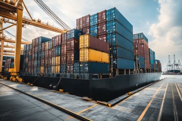 Canvas Print - Cargo ship loaded with colorful containers at the dock. AI.