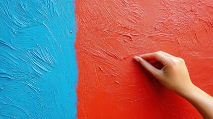Wall Mural - A hand touches a textured wall painted in vibrant blue and red halves, AI