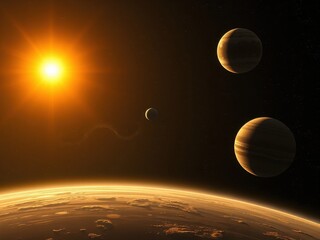 a stunning image of a distant star and its planetary system, space travel, star, cosmic, background,