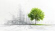© artbot - Drawing 3d architecture city building sketch lines with green tree on white background