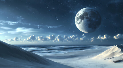 unveiling celestial wonders above a desolate dune and beach landscape. celestial. illustration