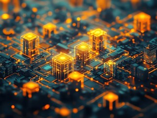 Poster - A cityscape with glowing protective nodes on critical infrastructure, top view, representing urban cybersecurity frameworks, digital tone, Monochromatic Color Scheme