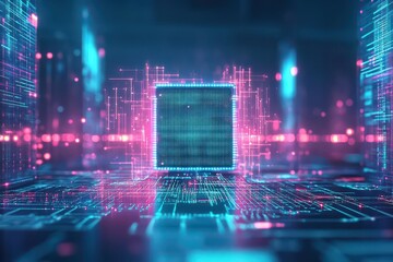 Poster - A digital fortress surrounded by glowing firewalls, front view, representing cybersecurity resilience, scifi tone, Splitcomplementary Color Scheme