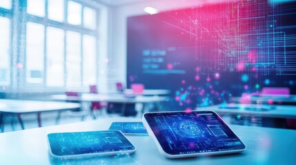 Poster - A futuristic classroom where students use holographic tablets interconnected through a central AI