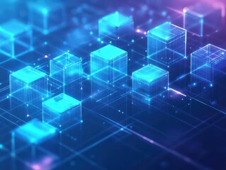 Poster - A futuristic grid of translucent cubes glowing in electric blue, isometric angle, sleek textures, sharp clarity