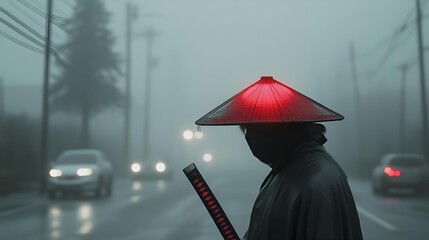 Wall Mural - Figure in Conical Hat and Katana on Foggy Street