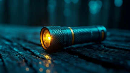 Wall Mural - Illuminated Flashlight on Dark Wood Surface