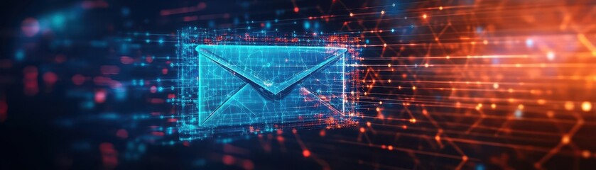 Poster - A phishing email dissolving into a web of encrypted defenses, side view, highlighting email security, cybernetic tone, Vivid