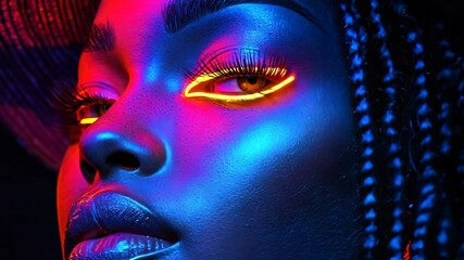 Wall Mural - Generative AI portrait of African American woman in hat with neon lights on face on black background 4K Video