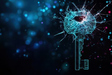 Poster - A shattered digital key symbolizing a breached system being restored, front view, representing cybersecurity recovery, advanced tone, Analogous Color Scheme