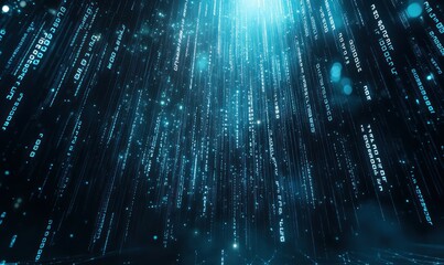 Dynamic binary code visualization with blue streams in motion, representing data flow, programming, and cyber technology concepts