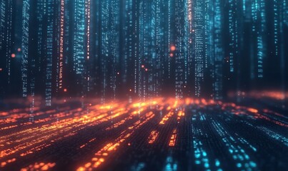 Dynamic binary code visualization with blue and orange streams in motion, representing data flow, programming, and cyber technology concepts