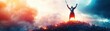 © taweesak - A victorious knight in shining armor standing atop a glowing battlefield, holding a sword aloft as sunlight pierces through storm clouds
