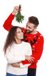 © New Africa - Lovely couple under mistletoe bunch on white background