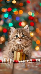 Wall Mural -  Kitten with gift box in front of Christmas tree lights, festive holiday scene for cheerful seasonal celebrations