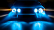 © HQAsset - Night Drive, Blue Headlights Illuminate the Asphalt, Car Speeds Through the Darkness