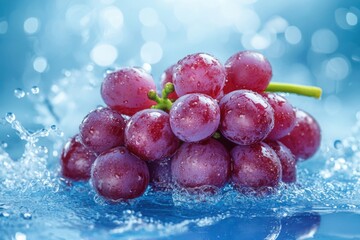 Fresh grapes with water splashes on a blue background. 