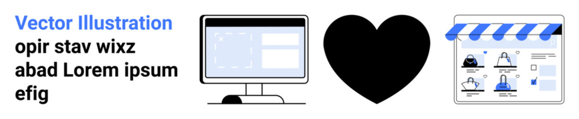 Desktop computer screen with text editor open, heart symbol in the center, e-commerce shopfront with products. Ideal for technology, online shopping, e-commerce, web development, customer engagement